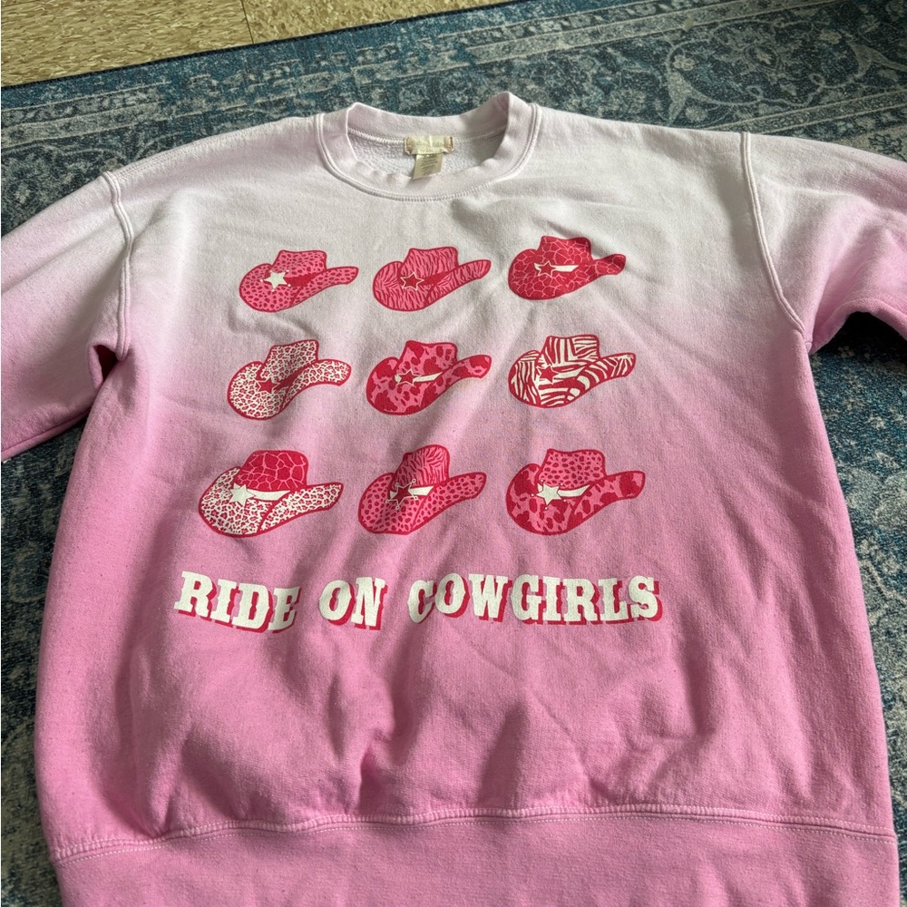 Altar'd State Pink and White Ombre Hoodie with Cowboy Hat Graphics